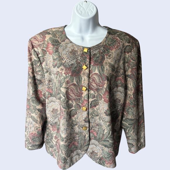 Fritzi California Floral Tapestry Jacket L Gold Button Boxy 80s/90s USA - Picture 1 of 6